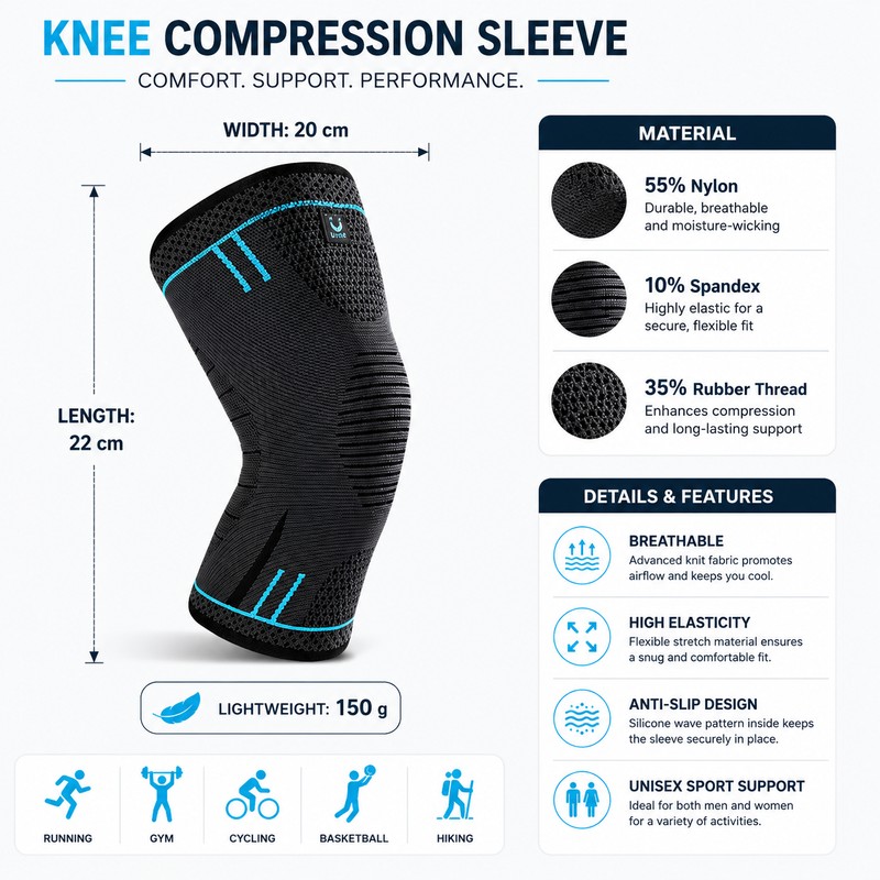 Compression Knee Sleeve for Sports Support – Breathable Anti-Slip Knee