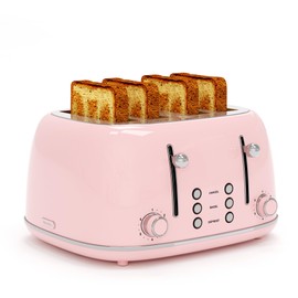 Toaster 4 Slice, Retro Stainless with 6 Bread Shade Settings,1.5''Wide Slots Toaster with Cancel/Defrost/Reheat Functions,Dual Independent Control Panel, Removal Crumb Tray (Pink)