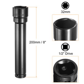 sourcing map Deep 6-Point Impact Socket 1/2" Drive 32mm Metric Socket 8" Length with 1/4" Hex Shank Adapter, CR-V Steel Socket Adapter Accessory Tool Set Kit for Hex Bolts Nuts
