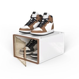 6-Sided Hard Shoe Storage Boxes Fit Size 13, White Plastic Stackable Shoe Organizer for Closet, Shoe Rack & Holder Sneaker Container, White Brown 3Pack