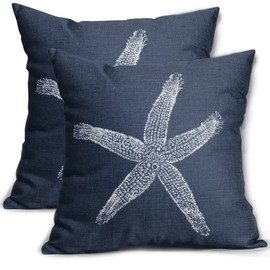 Beach Pillow Covers 20X20 Inch Coastal Beachy Nautical Throw Pillow Navy Blue Starfish Decorative Pillowscase Linen Square Cushion Case Decor for Home Bed Couch Sofa, Set of 2