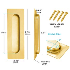 Malimali 7 Inch Large Recessed Finger Flush Pulls for Barn Door Pocket Door, Heavy Duty Sliding Closet Door Handle, Brushed Gold Stainless Steel Rectangular Door Pulls Hardware(2 Pack)