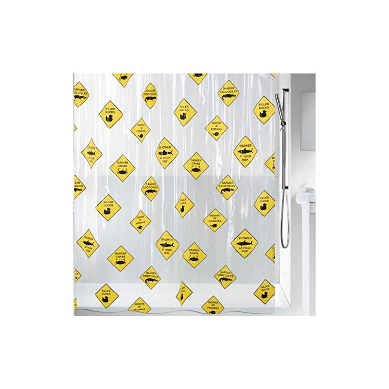 Spirella Anti-Mould Shower Curtain "Danger" Anti-Bacterial, Washable, Waterproof PEVA 180