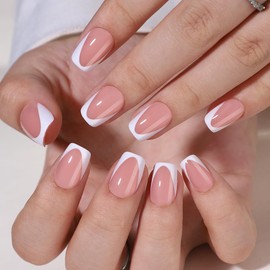 30 Pcs French Tips Press On Nails - Short Square Nude Pink Glossy Reusable Acrylic Nails - 15 Sizes