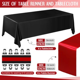 Tudomro 12 Pcs Black and Red Disposable Plastic Tablecloths and Satin Table Runner Set, 54 x 108 Inch Tablecloth, 12 x 108 Inch Table Runners for Wedding Baby Shower Birthday Party