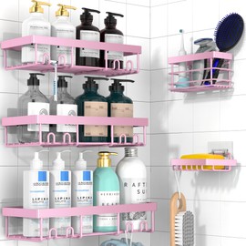 Moforoco Pink 5 Pack Shower Caddy Shelf Organizers Rack, Self Adhesive Black Bathroom Storage Organization, Home Kitchen No Drilling Inside Decor Rv Accessories, First Apartment Essentials…
