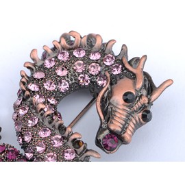 Alilang Antique Gunmetal Fantasy Chinese Zodiac Eastern Dragon Pink Crystal Rhinestone Brooch Pin
