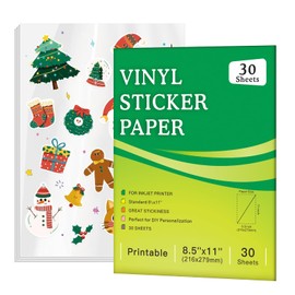 Premium Printable Vinyl Sticker Paper for Inkjet Printers, 30 Sheets Glossy White 8.5x11" Waterproof Sticker Paper - Vivid Colors, Fast Drying - Ink Well Great