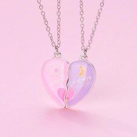 Pwsap 2PCS Adorable BFF Heart Necklaces, Sun Moon Friendship Magnetic Necklaces, Best Friends Forever Silver Chain Necklace for 2 Girls, Valentine Jewelry Gifts for Girls Mother Sisters Friends