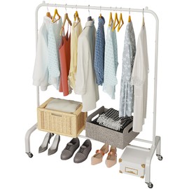 JIUYOTREE Metal Clothing Rack with Wheels, 43.3 Inches Rolling Clothes Garment Coat Rack with Bottom Shelf, Clothing Rack for Hanging Clothes, Coats, Skirts, Shirts, Sweaters, White