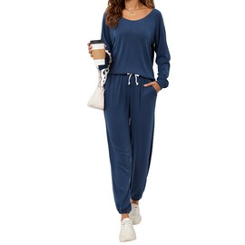 FIOPHY Cozy 2 Piece Lounge Sets for Women Sweatsuit Pajamas Outfits Long Sleeve Tops and Joggers Loungewear Set Navy Blue L