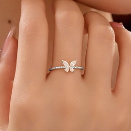 Aavoein CZ Butterfly Ring for Women 925 Sterling Silver Cool Cute Simple Promise Rings 14K Gold Plated Dainty Trendy Stackable Minimalist Wedding Band Ring to Daughter Mom Sister Ideal for Her (Silver, 8)