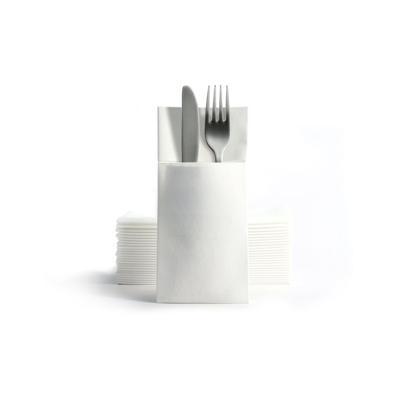 Airlaid Ready-Folded Napkins with Cutlery Pocket, Plain White, 40 x