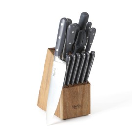 MARTHA STEWART Eastwalk 14 Piece High Carbon Stainless Steel Cutlery Knife Block Set w/ABS Triple Riveted Forged Handle Acacia Wood Block - Gray