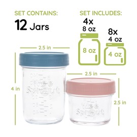 WeeSprout Glass Baby Food Storage Jars w/ Lids (4/8 oz, 12 Pack Set) Snack, Reusable Small Containers, Breast Milk, Fridge, Freezer, Microwave & Dishwasher Safe, Essential Must Have for Infants