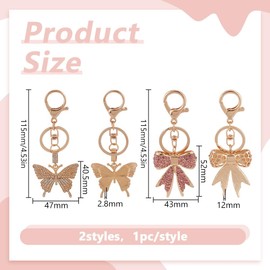 DELORIGIN Pack of 2 Gold Bow Butterfly Rhinestone Key Ring Bling Crystal Charms with Alloy Clasps Key Chain Accessories for Women Home Car Keys Bag Decoration