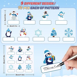JarThenaAMCS Winter Snowman Snowflake Name Tag Stickers 9 Designs Blue Cartoon Snowman Penguin Snowflake Self-Adhesive Gift Label Decals for Christmas Xmas Holiday Birthday Present, 90Pcs