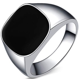 Kingray Jewelry Stainless Steel Classic Simple Plain Black Enamel Signet Pinky Ring Size 4-16 (Silver Black, 8.5)