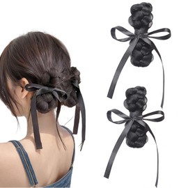 Space Buns Hair Extension Black Hair Bows Hair Clips Synthetic Hair Bundle Women Ponytail Hair Accessories 2 Pcs