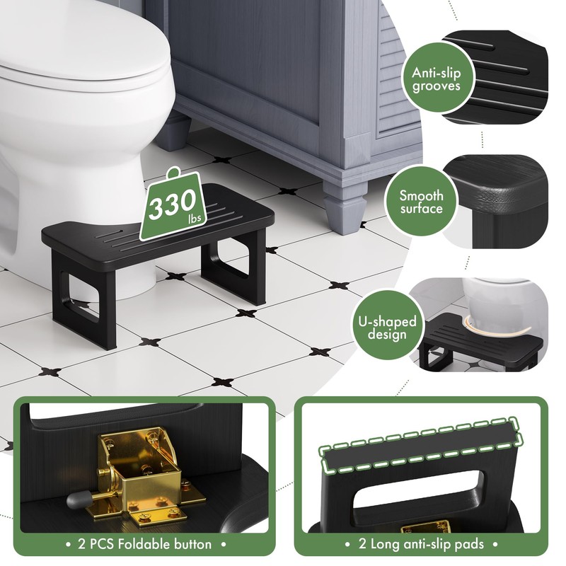 Bathway Squatting Potty Stool, Foldable Black Poop Stool, Bamboo Toilet