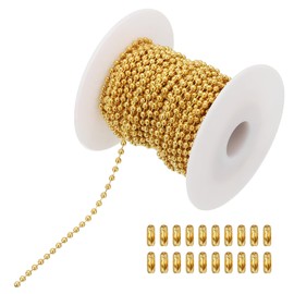 PATIKIL 10m/32.8ft Beaded Ball Chain, 2mm Stainless Steel Pull Chain Extension with 20 Pcs Connectors for Tag Chain, Keychain Rings, DIY Crafts, Golden