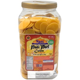 Rani Pani Puri Coins (Uncooked, Microwaveable Wheat Semolina Coins) 64oz (4lbs) w/Pani Puri Masala (14-Spice Blend for Indian Spicy Water) 1.75oz (50g) ~ All Natural | Vegan | NON-GMO | Kosher
