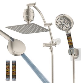 Hibbent All Metal 10'' Dual Filtered Rainfall Shower Head Combo, High Pressure Handheld Shower Head with 16'' Adjustable Extension Arm, 20 Stage Shower Filter, 10-spray, 71'' Hose, Brushed Nickel