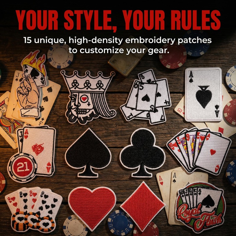 15PCS Playing Card Patches, Poker Suit Embroidered Appliques for Clothes,