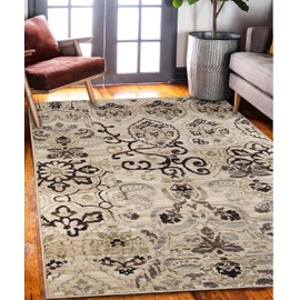Superior Indoor Area Rug, Jute Backing, Modern Floral Rugs for Entryway, Living Room, Kitchen Floors, Bedroom, Office Floor Cover, Medallion Damask Rugs, Caldwell Collection, 5' x 8', Beige Brown