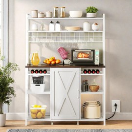 YITAHOME Large Bakers Rack with Power Outlet and Storage Cabinet, 47 Inch Farmhouse Coffee Bar Cabinet, Kitchen Microwave Stand with Wine Shelves and 12 Hooks, White