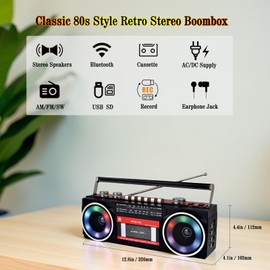 Cassette Player Recorder with AM/FM/SW Radio, Bluetooth Boombox, USB, Built-in MIC for Voice Recording, RGB Colorful Lights, Headphone Jack, AC or Battery Powered, Retro 80's