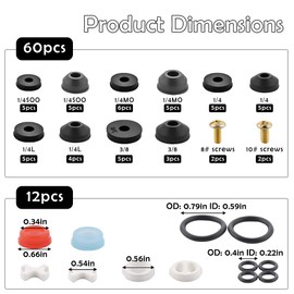 72 Pcs 10 Sizes Faucet Washers Assorted Kit, with Pleochroic Faucet Washers Assortment Kit, for Faucet Hose Spigot Stem Leak Worn Plumbing Seal Repair Universal Rubber Washers, Boxed