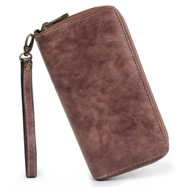 Double Zipper Long Clutch Wallet Cellphone Wallet for Women with Hand Strap for Card, Cash, Coin, Bill (grey purple)