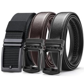 3 Piezas Cinturones para Hombre, 2 Cinturón de Piel Negro y Marrón + 1 Cinturón de Trinquete de Nailon Casual, 110-125CM Cinto Hombre, Regalo Día del Padre para Papá, Marido y Novio