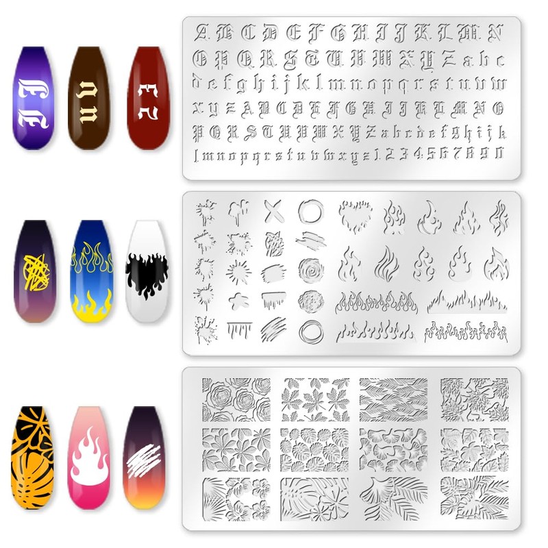 beinkmake 3Pcs Flame Nail Stamping Plate Letter Number Leaves Nail
