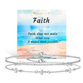 JANDY SHINE Cross Anklets for Women Silver Ankle Bracelets Waterproof Beaded Chain Dainty Layered Summer Beach Foot Jewelry Adjustable 2Pcs