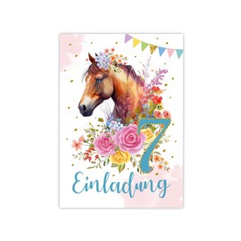 Minkocards 12 Invitation Cards with 12 Envelopes for 7th Children's Birthday Girl Horse Invitation Set