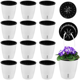 Planterhoma 5 Inch Self Watering Pots for Indoor Plants, 12 Packs African Violet Pots with Indicator, Black Wick Pot with Drainage Holes, Self Watering Planters for Orchid, Devil's Ivy, White