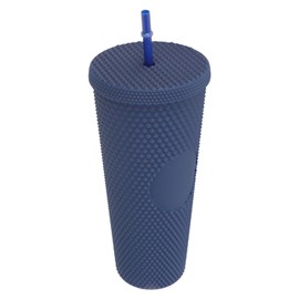 Coffee Tumbler with Lid and Straw Matte Dark Blue Double Wall 710ml Splash Proof Plastic Studded Cup for Office Gift
