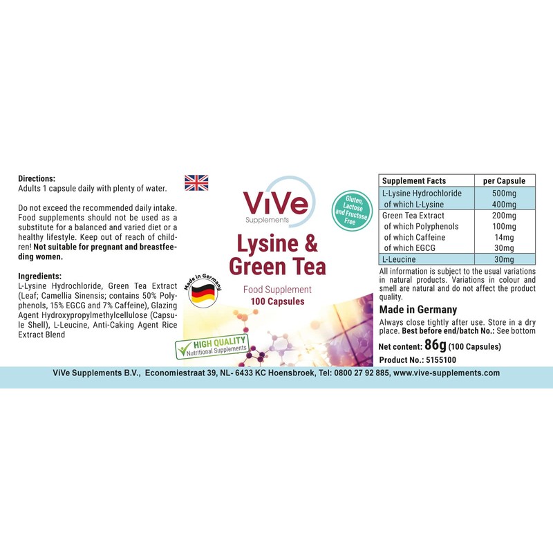 L-Lysine & Green Tea Extract - 100 Vegan Capsules, 400