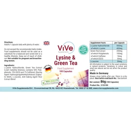 L-Lysine & Green Tea Extract - 100 Vegan Capsules, 400 mg / 200 mg, Polyphenols and EGCG, Large Pack for 100 Days, Quality from Germany ViVe Supplements