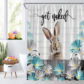 GCTNBJL Easter Bunny Shower Curtain Teal Rustic Farmhouse Flower Cute Bunny Rabbit Barn Door Wooden Spring Holiday Funny Bathroom Decor Fabric Curtain with Hooks