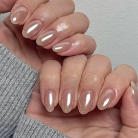 Pearl Chrome Press on Nails Short Almond Fake Nails Spring Nude Nails Press ons with Design Reusable Artificial Nail Glossy Full Cover Glue on Nail Stick on Nails for Women Manicure 24Pcs