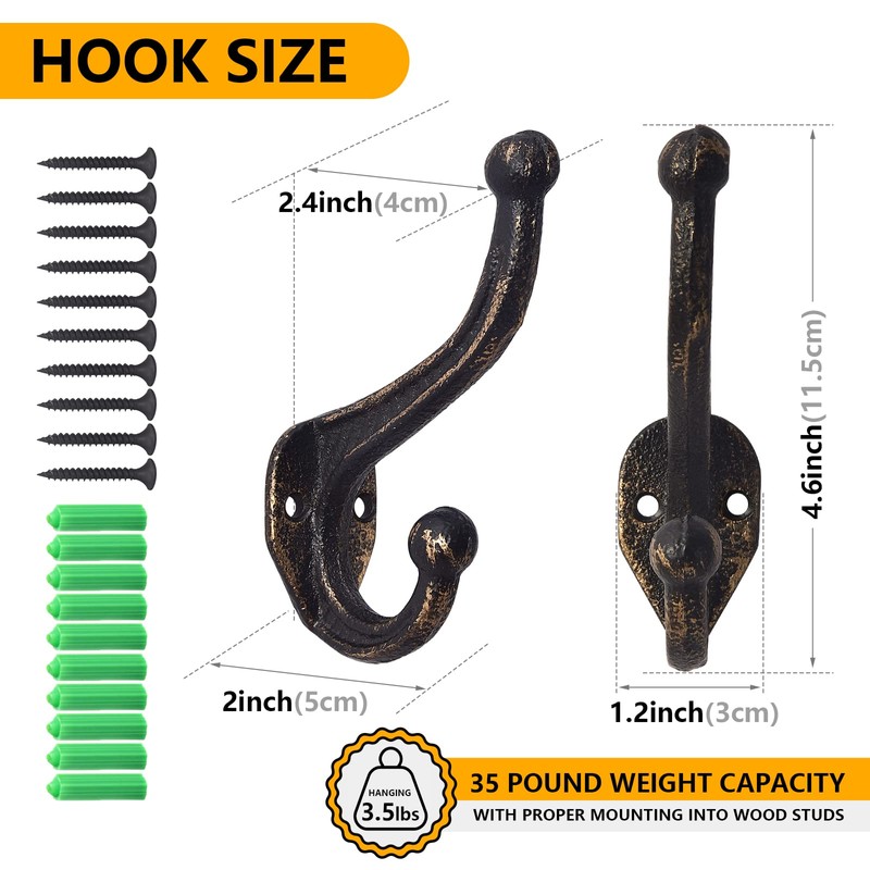 rumdraw 5-Pack Rustic Wall Hooks Heavy Duty。 Antique Bronze Cast
