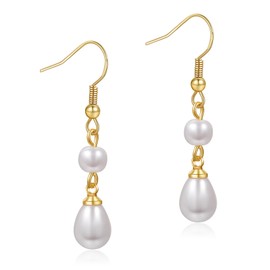 VEEDOFA Pearl Earrings for Women, 14k Gold Plated Pearl Dangle Earrings, Double Pearl Drop Earrings for Bridal Wedding Jewelry Birthday Gifts