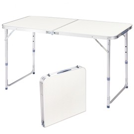 AMPLUSBEAU 4ft White Portable Folding Table with Adjustable Height - Multipurpose for Camping, Picnics, Parties - Aluminum and Wood Board Design