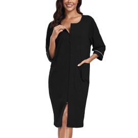 COLORFULLEAF Women's Bathrobe with Zip Lightweight Dressing Gown 100% Cotton House Coat 3/4 Sleeve Nightdress with Pockets, black