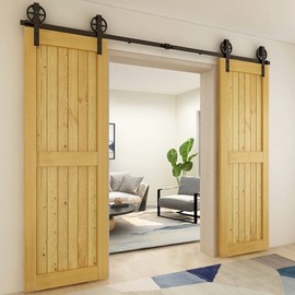 CCJH 10ft Heavy Duty Double Sliding Barn Door Hardware Kit -Smoothly and Quietly -Fit 30 inch Door Panel (Big Spoke Wheel Hanger J Style)