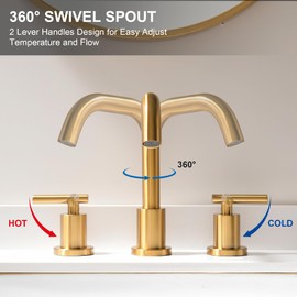 FROPO Brushed Gold Bathroom Faucet for Sink 3 Hole, 8 inch Widespread Bathroom Faucet | Brass Gold Vanity Faucet with 360° Swivel Spout 2 Handle Gold Bathroom Faucet with Drain & Supply Hoses