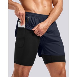 Pudolla - Pantalones cortos de correr para hombre de 7 pulgadas con bolsillos con cierre, secado rápido, 2 en 1, para entrenamiento de tenis, yoga, marino, Large